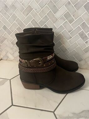 Roper Dark Brown Slouch Ankle Boots with Braided and Buckle Strap